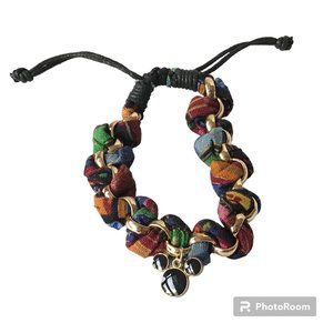 Vintage Disney Mickey Mouse Bracelet Animal Kingdom African Fabric Gold ToneRope